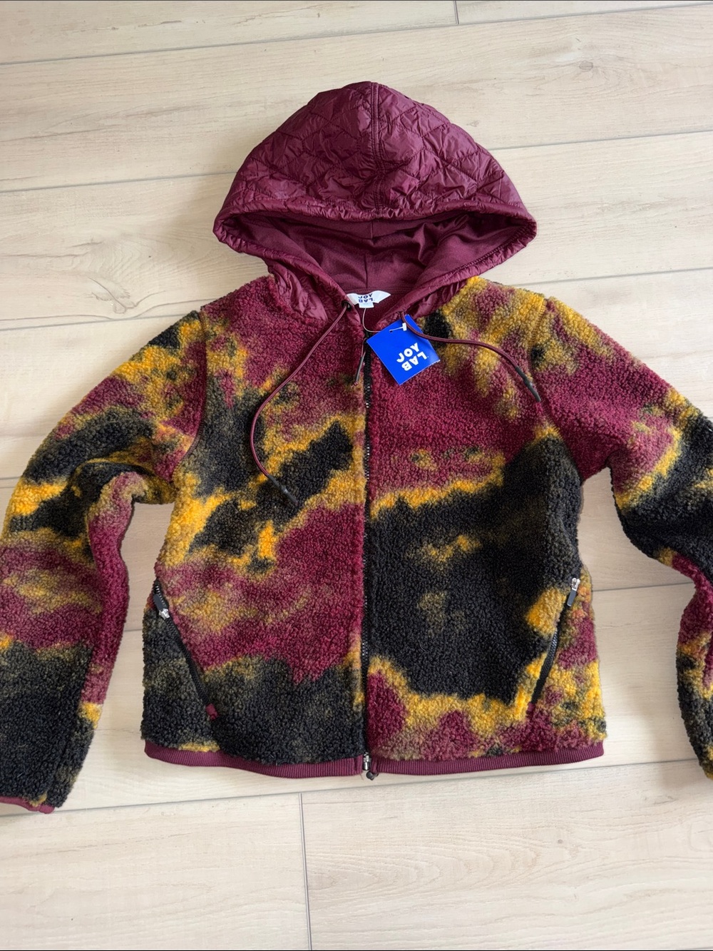 JoyLab Maroon, Black & Yellow Tie-Dye Sherpa Zip Up Hoodie Sweatshirt Hoodie
